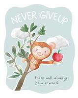 Never give up slogan with monkey picking an apple illustration vector