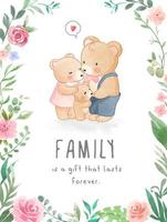 tarjeta de familia encantadora de oso lindo en ilustración de marco de flores de colores vector