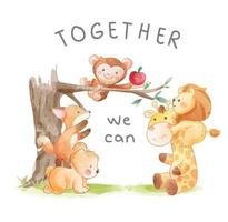 together slogan with cartoon wild animals climbing tree illustration vector