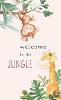 Jungle slogan with monkey hanging on tree branch and giraffe in bush vector