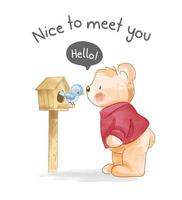 Nice to meet you slogan with cute bear and blue bird in wood bird house vector