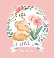 Cute bear with colorful flowers in circle shape vector illustration