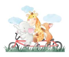 cute animal friends riding long bicycle illustration vector