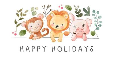 happy holidays slogan with wild animal and leafs illustration vector