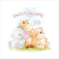 eslogan de dulces sueños con animales de dibujos animados durmiendo ilustración vector