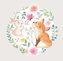 linda caricatura de zorro y conejo en la ilustración de marco de círculo de hoja silvestre vector