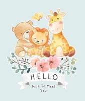 Cute wild animals friends with hello ribbon sign and flowers wreath vector