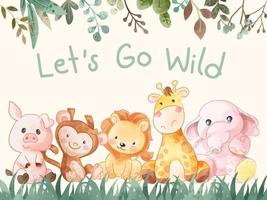 let's go wild slogan with wild animals cartoon illustration vector