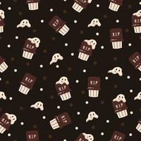 Tombstone and ghost Halloween cupcake pattern. Seamless vector
