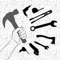 Hand holding hammer with pattern of tool background vector