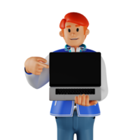 Young man red haired holding a laptop 3d character illustration png