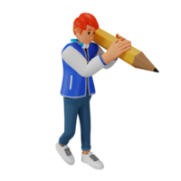 joven pelirrojo que lleva un lápiz gigante ilustración de personaje 3d png