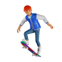 joven pelirrojo skateboarding 3d personaje ilustración png
