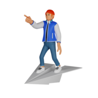 Young man red haired standing on a giant paper plane 3d character illustration png