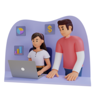 homme et femme travaillant à l'aide d'un ordinateur portable illustration de personnage 3d png