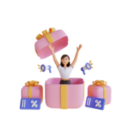 young girl in the gift box with megaphone 3D character illustration png