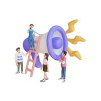 group of young people with big megaphone, 3D character illustration