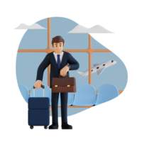 businessman standing at airport with suitcase and briefcase 3d character illustration png