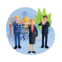 businesswoman holding a trophy and getting appreciation from her colleague 3d character illustration png