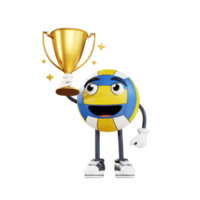 volleyball mascot holding golden trophy 3d character illustration png