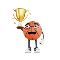 basketball mascot holding a trophy 3d character illustration png