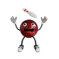 Bowling-Kugel-Maskottchen, das mit Bowling-Pin auf der obersten 3D-Charakter-Illustration springt png
