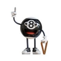 mascotte boule de billard noir pointant vers le haut illustration de personnage 3d png