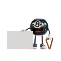 black billiard ball mascot holding blank white banner 3d character illustration png