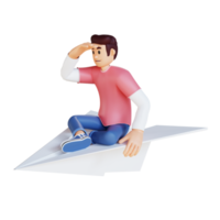 Young man riding a giant paper plane 3d character illustration png