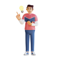 Young man carrying a book and coming up with an idea 3d character illustration png