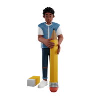 Curly haired young man holding a giant pencil 3d character illustration png