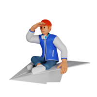 joven pelirrojo sentado en un avión de papel gigante ilustración de personaje 3d png