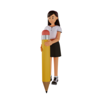 Young woman holding big pencil 3d cartoon character illustration png