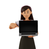 ung kvinna innehav bärbar dator 3d tecknad serie karaktär illustration png
