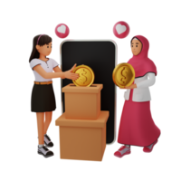 Young woman and young muslim woman saving coin 3d cartoon character illustration png