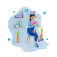 young girl reading a book while sitting on chair, 3d character illustration png