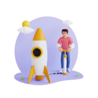 young man with rocket 3d character illustration png