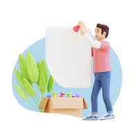 jeune homme collant une épingle sur un grand papier blanc illustration de personnage 3d png