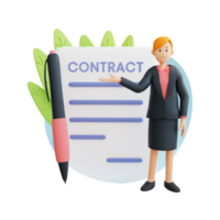 businesswoman with big contract paper 3d character illustration png