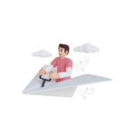 junger mann, der auf papierflugzeug 3d-charakterillustration fährt png