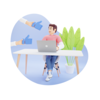 young man using laptop while sitting on chair 3d character illustration png