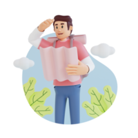 traveling boy in trip holding paper map 3d character illustration png
