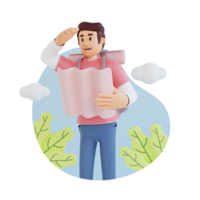 menino viajando em viagem segurando a ilustração de personagem 3d de mapa de papel png