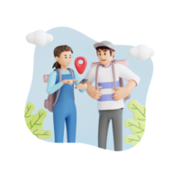 voyageur garçon et fille regardant la carte à l'aide d'une illustration de personnage 3d de téléphone portable png