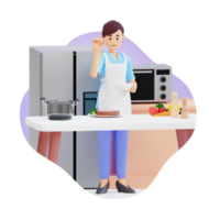 joven madre rociando especias en la comida en la cocina ilustración de personajes 3d png