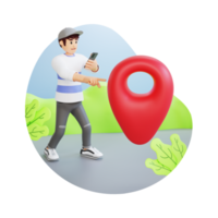 giovane uomo in piedi mentre puntamento navigazione icona 3d personaggio illustrazione png