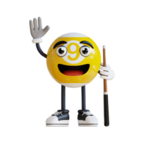 mascota de bola de billar amarilla decir hola ilustración de personaje 3d png