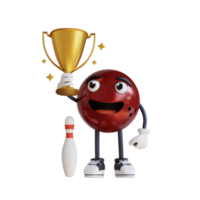 mascote de bola de boliche segurando troféu ilustração de personagem 3d png