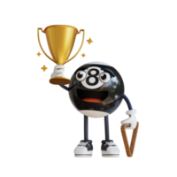 black billiard ball mascot holding golden trophy 3d character illustration png