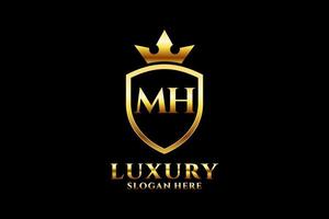 initial MH elegant luxury monogram logo or badge template with scrolls and royal crown - perfect for luxurious branding projects vector